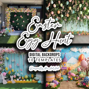 May include: Digital backdrops for an Easter egg hunt. The backdrops feature a variety of Easter-themed designs, including a green backdrop with flowers and eggs, a blue backdrop with a wooden fence and flowers, and a blue backdrop with a whimsical Easter village. The text "Easter Egg Hunt" is written in a large, decorative font.