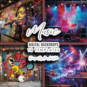 May include: A set of 10 digital backdrops featuring colorful and vibrant music-themed designs. The backdrops include a singer with a microphone, a drum set, a keyboard, and a graffiti wall with musical notes. The text "Music Digital Backdrops 10 Templates Designs By Alex And Andi" is displayed on the image.