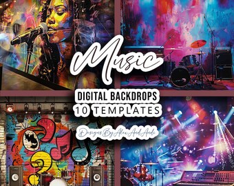 May include: A set of 10 digital backdrops featuring colourful and vibrant music-themed designs. The backdrops include a singer with a microphone, a drum kit, a keyboard, and a graffiti wall with musical notes. The text "Music Digital Backdrops 10 Templates Designs By Alex And Andi" is displayed on the image.