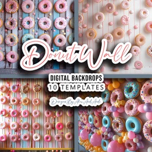 Puede incluir: Diez plantillas de telón de fondo digital que presentan una pared de donas con varios colores y chispas. El texto "Donut Wall" está escrito en rosa sobre un fondo blanco. El texto "Digital Backdrops 10 Templates" está escrito en negro sobre un fondo gris. El texto "Designs By Alex And Andi" está escrito en negro sobre un fondo blanco.