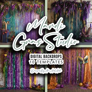 May include: Mardi Gras Studio digital backdrops with 10 templates. The backdrops feature a purple, green, and gold color scheme with metallic streamers and Mardi Gras masks.