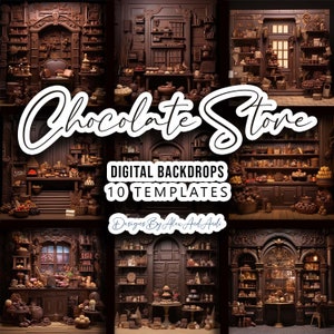 Könnte beinhalten: Ein digitales Hintergrund-Set mit 10 Bildern eines Schokoladenladens. Der Laden ist mit Schokoladen-Details dekoriert, darunter Regale, die mit Schokoladentafeln, Süßigkeiten und anderen Leckereien gefüllt sind. Der Hintergrund ist perfekt für Fotografen und Grafikdesigner, die realistische und fantasievolle Szenen erstellen möchten.