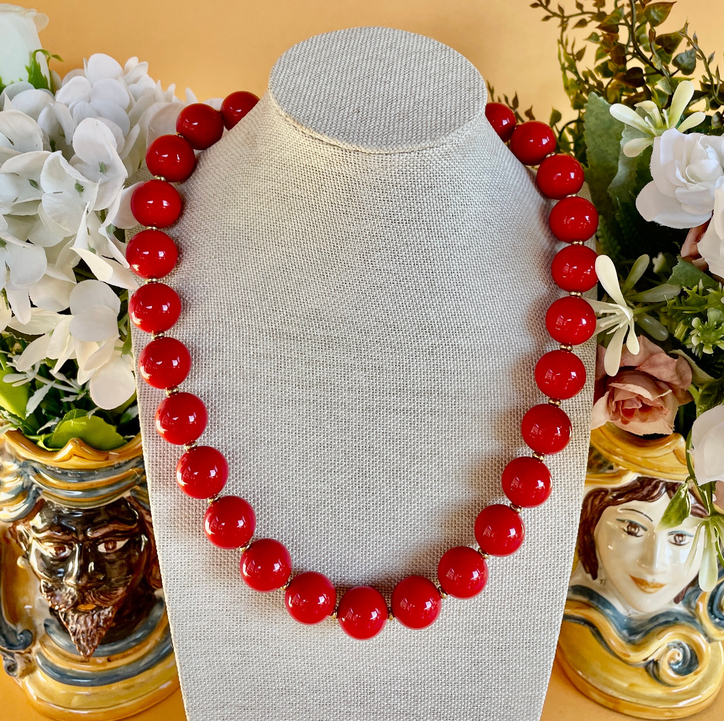 Big Red Beaded Necklace, 24mm Red Beads Necklace, Red Choker