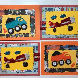 Camion à benne basculante carte de voeux avion cartes de correspondance vierges garçons filles turquoise orange rouge bleu jaune 3D construction volant ciel nuages camions