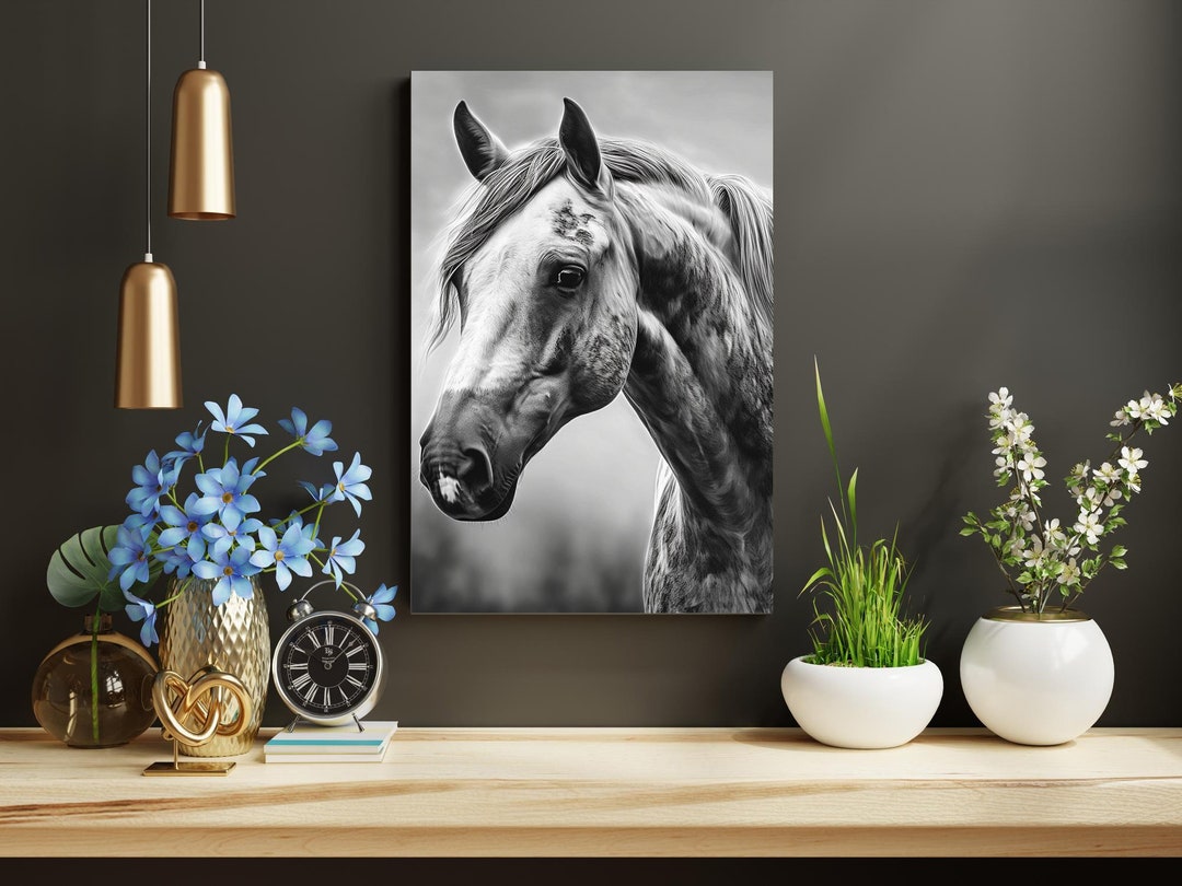 Black and White Horse Print Horse Wall Art Decor in Monochrome Horse