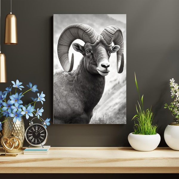 Impression de moutons à grandes cornes noir et blanc Grand mouton à cornes art décor monochrome Décoration murale de la faune Illustration de moutons B & W pour décor de la faune