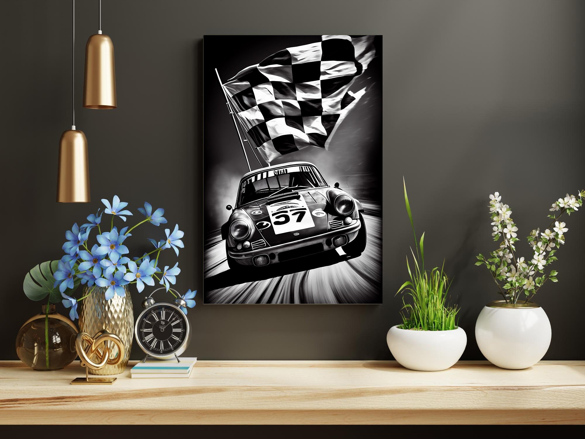 Black and White Race Car Print Home Decor Vintage Race Car Wall Art