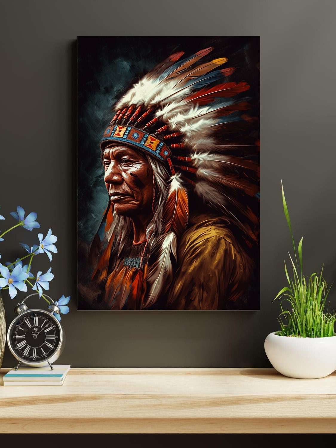 Indian Chief Painting Print Native American Art Decor Tribal Wall