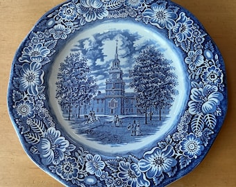 Staffordshire Liberty Blue Independence Hall ironstone vintage dinner plate, Made in England