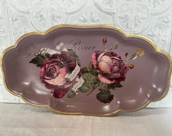 Oval hand painted decorative tray, roses and script trinket tray, French country shabby chic cottage decor, perfume vanity tray