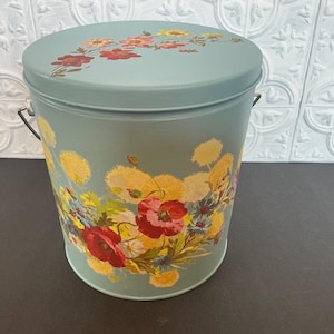 Floral storage canister decorated with flowers, French country cottage decor, keepsake container, cookie tin container, canister for plants