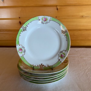 Nippon hand painted bread plates set of 6, vintage, China plates, dinnerware, Floral green and gold appetizer plates, Mothers Day gift