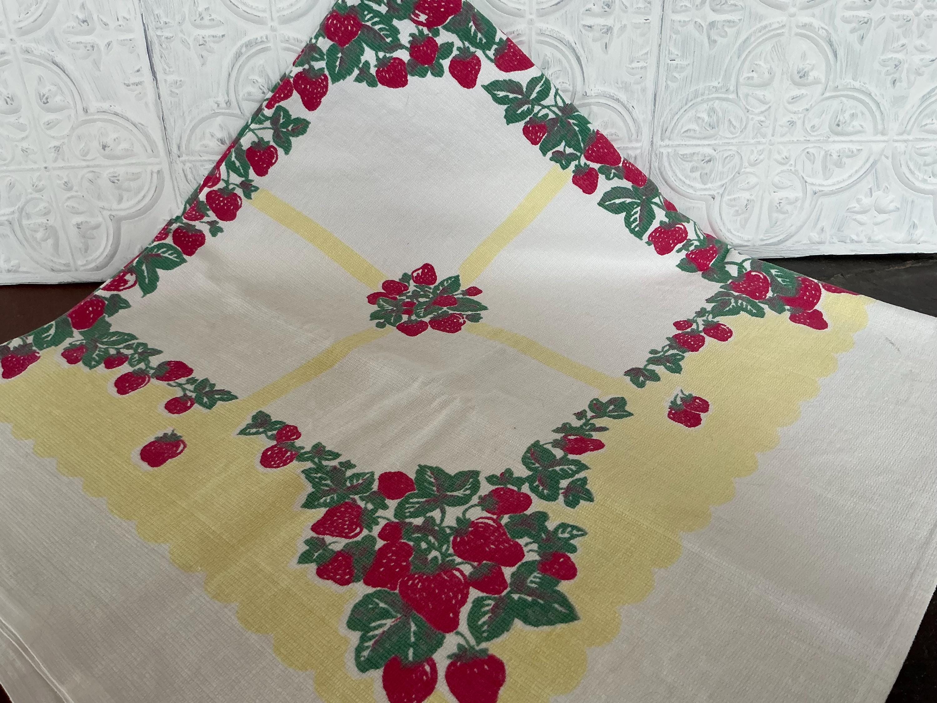 Vintage strawberry tablecloth, fruit retro tablecloth, bistro table cloth, garden summer tablecloth, centerpiece topper, cottage decor