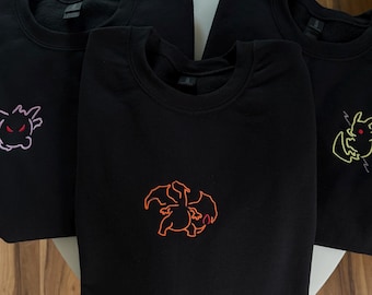 Sudadera de cuello redondo con bordado de contorno neón y dibujos animados / Elige tu personaje / Regalo para fans con estética gamer