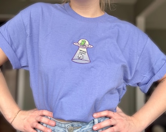Geborduurd Alien Abduction Cat-T-shirt | Ik ben geen koe grappig kittenshirt | Eigenzinnig cadeau voor kattenliefhebbers