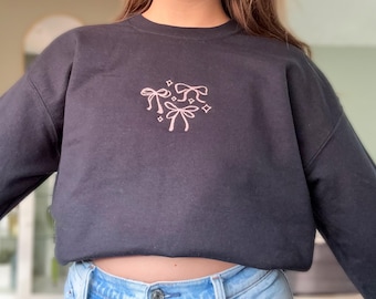 Geborduurde roze ster ronde hals met strik | Coquette Esthetisch sweatshirt | Leuk meisjesachtig gezellig cadeau