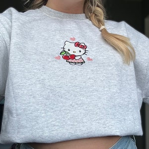 Kitty Cherry Heart Embroidered Crewneck Sweatshirt