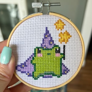 Magical Frog Wizard Cross Stitch Wall Art - FINISHED