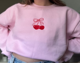 Sweatshirt met ronde hals en geborduurde kersenbloesem | Sweater met hartvormige kersenbloesem | Leuk meisjesachtig esthetisch cadeau