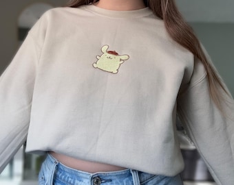 Geborduurde pom pom puppy hondje met ronde hals | Gouden schattig esthetisch cadeau-sweater