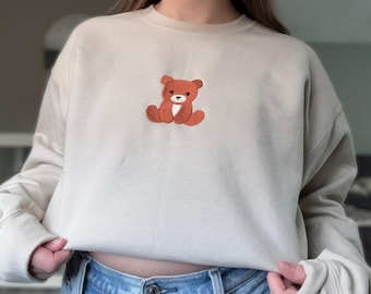 Sweatshirt met ronde hals en geborduurde teddybeer | Leuk gezellig shirt met bruine beer | Grappig cadeau-idee voor minnaar plushie