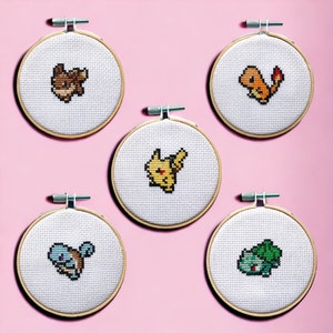 Starter Sprites Cross Stitch Wall Art - FINISHED Pikachu Eevee Charmander Squirtle Bulbasaur