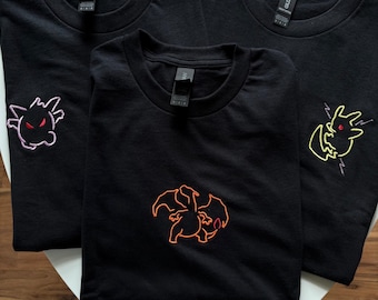 Embroidered Neon Outline Cartoon T-Shirt | Choose Your Character | Gamer Aesthetic Fan Gift