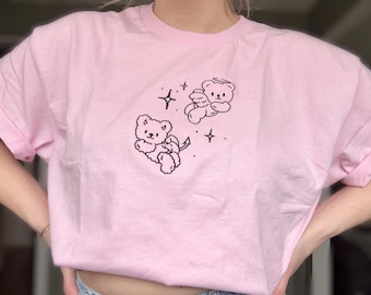 Geborduurd Angel Devil Bear T-shirt | Leuk grillig beer-T-shirt | Esthetisch charmant cadeau