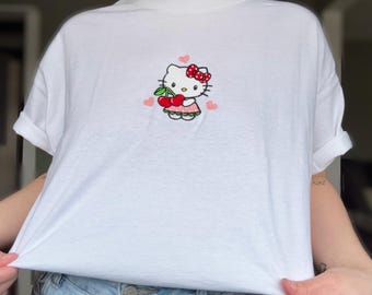 Camiseta bordada de gatito cereza / Camiseta kawaii de frutas con corazón / Camiseta de regalo estética Y2K