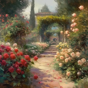 Enchanting Rose Garden Oil Painting