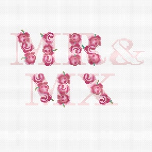 May include: Cross stitch pattern featuring the words "MR & MRS" in pink with floral accents.