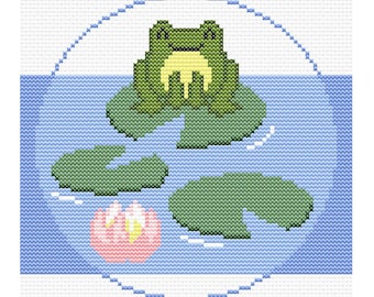 May include: A green frog sits on a lily pad in a blue pond with a pink water lily. The frog is smiling and has a yellow belly. The lily pad is green and has a white outline. The pond is blue and has a white outline.