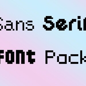 Puede incluir: Una imagen pixelada con el texto "Sans Serif Font Pack" en negro sobre un fondo degradado azul claro y rosa.