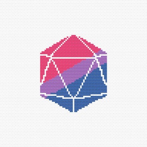 Peut inclure: Un motif géométrique aux couleurs du drapeau de la fierté bisexuelle. Le motif est une forme tridimensionnelle stylisée avec des couleurs rose, violet et bleu.