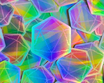 May include: A collection of holographic stickers in a geometric shape, with a rainbow color scheme. The stickers have a multifaceted design, with a mix of blue, green, yellow, and pink hues. The stickers are scattered across the surface.
