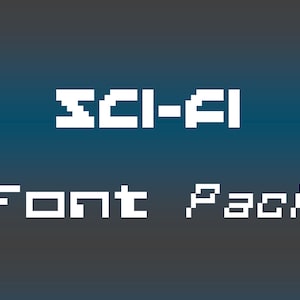May include: A white pixelated font pack with the text "SCI-FI Font Pack" on a dark blue background.