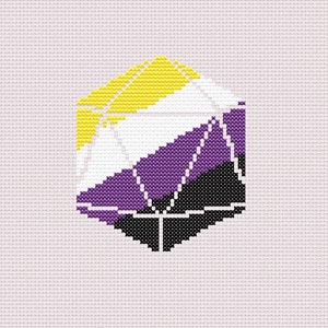May include: A purple, yellow and black geometric design in the shape of a cube. The design is made up of small squares, creating a pixelated effect.