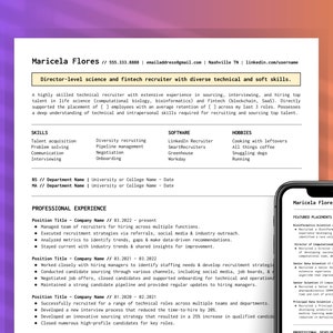 Puede incluir: Un currículum vitae para Maricela Flores, una reclutadora de nivel directivo en ciencia y tecnología financiera. El currículum destaca sus habilidades, experiencia y colocaciones destacadas. Incluye secciones para habilidades, software, aficiones, experiencia profesional y colocaciones destacadas.
