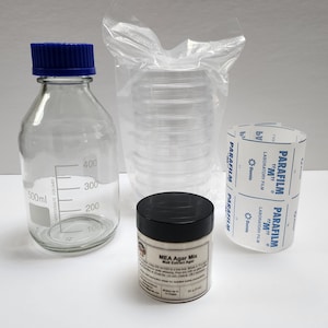 MEA Agar Kit, Malt Extract Agar Kit w/ Media Bottle, Petri Dishes and Parafilm.