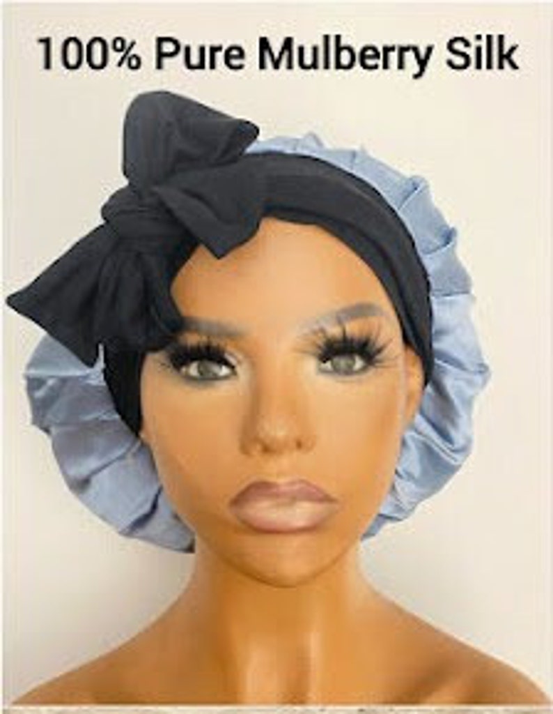 100 % Mulberry Silk Hair bonnet Pure Organic Silk Caps 22MM with long bamboo Tie. Best silk bonnet Protect your hair from damage image 4