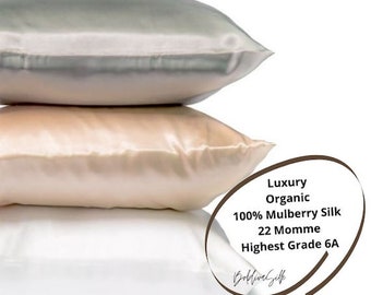 Silk Pillowcase, Pure Organic 100% Mulberry  | Queen Size with Hidden Zipper| 22 Momme Highest Grade 6A | OEKO-TEX certified