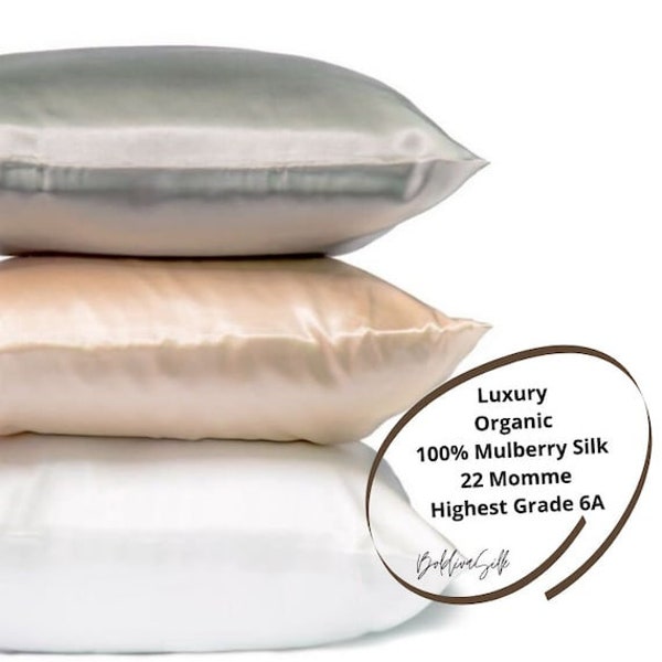 Silk Pillowcase, Pure Organic 100% Mulberry  | Queen Size with Hidden Zipper| 22 Momme Highest Grade 6A | OEKO-TEX certified