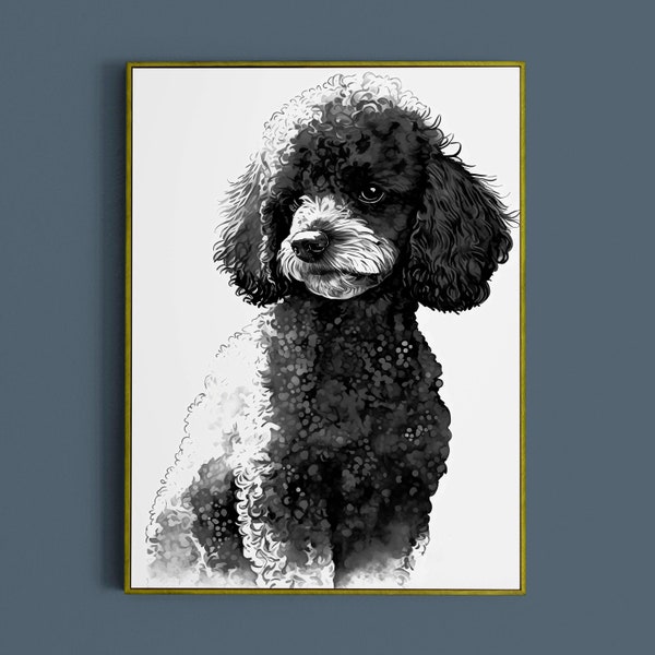 Watercolor Black Poodle Digital Download printable wall art modern decor, dog lover art, family room decor, wall art print