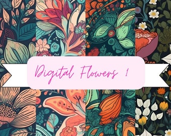 May include: Four digital paper designs featuring colorful floral patterns on a dark blue background. The designs include a variety of flowers, leaves, and swirls. The text "Digital Flowers 1" is displayed on a pink banner.