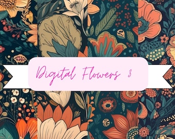 May include: Four digital paper patterns featuring a dark blue background with colorful floral designs. The patterns include sunflowers, lilies, and other flowers in shades of orange, yellow, red, and white.