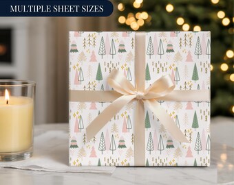 パステルカラーのクリスマスツリーラッピングペーパー、モダンなホリデーギフトラップロール、ピンクとグリーンの冬のツリーデザイン、ギフト用のかわいいお祝いパッケージ