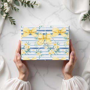 Wedding Wrapping Paper, Watercolor Floral Gift Wrap, Bridal Shower Gift Wrap Roll, Blue Stripe Flower Paper, Wedding Gift Idea For Bride