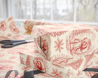 ヴィンテージサンタトワルクリスマスラッピングペーパー – サンタ、冬の木、レトロなクリスマスの模様が描かれたクラシックな赤いトワルホリデーギフトラップ