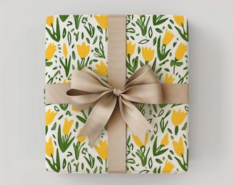 黄色いチューリップのラッピングペーパー – 春の花柄ギフトラッピング、母の日、誕生日、イースターのギフト包装に最適なボタニカルペーパー