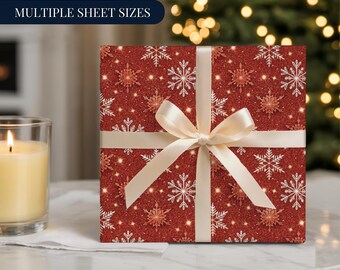 赤いグリッターの雪の結晶のクリスマスラッピングペーパー – 白と金の雪の結晶がきらめくホリデーギフトラップ、華やかでエレガントなクリスマスラッピングペーパー